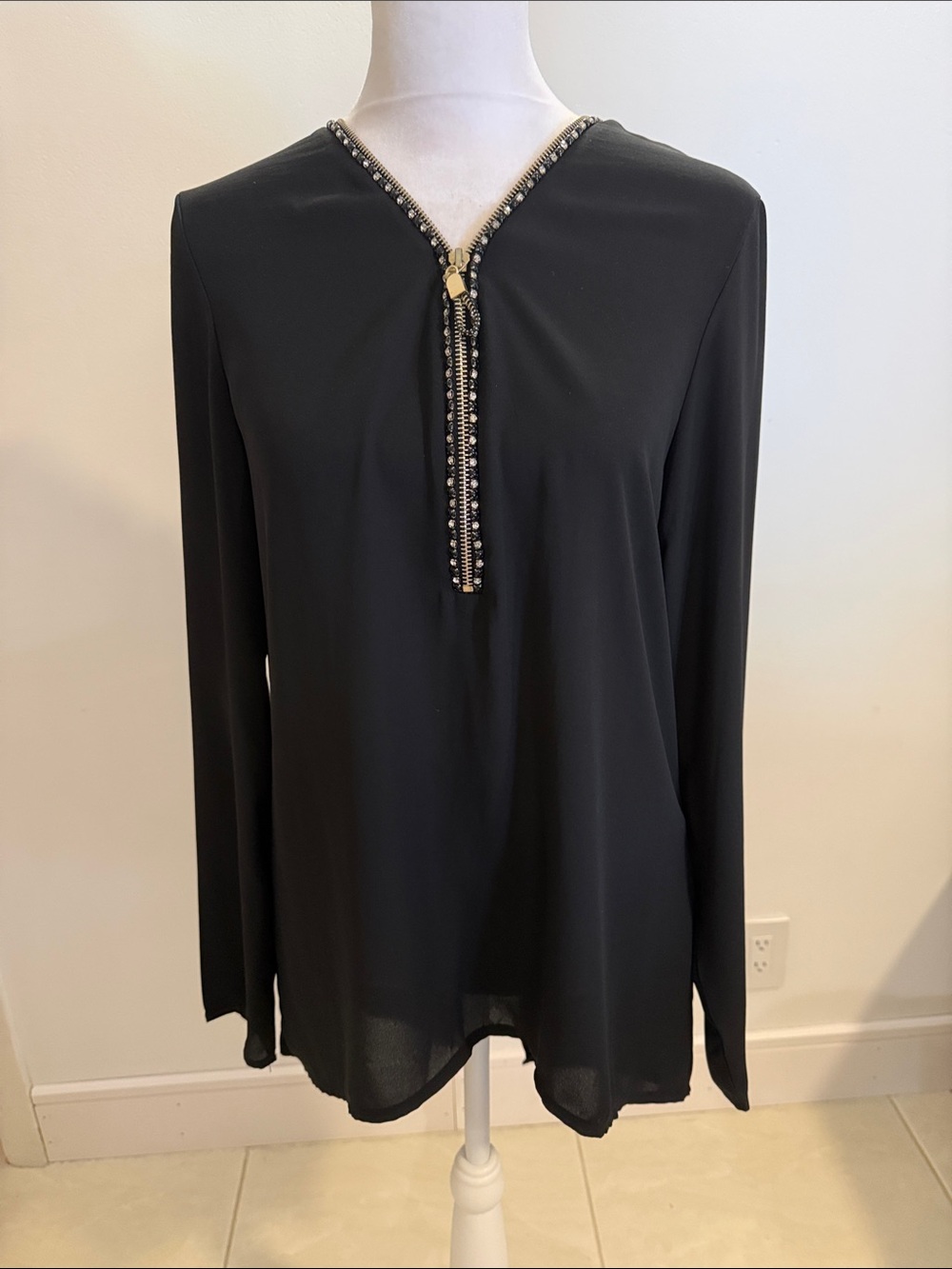 Just M Paris Tunic Embellished Black Long-Sleeve V-Neck Top, asymmetrical hem.